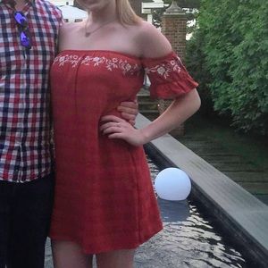 Orange shift dress with white lace